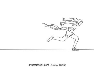 One single line drawing young energetic woman runner crosses finish line   break the tap vector illustration  Healthy sport concept  Modern continuous line draw design for running race banner