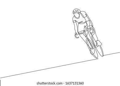 One single line drawing of young energetic man bicycle racer training in the road graphic vector illustration. Racing cyclist concept. Modern continuous line draw design for cycling tournament banner