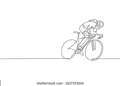 One single line drawing young energetic woman bicycle racer focus train her speed vector graphic illustration. Racing cyclist concept. Modern continuous line draw design for cycling tournament banner