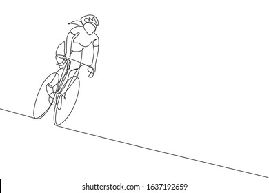 One single line drawing young energetic woman bicycle racer race at cycling track graphic vector illustration. Racing cyclist concept. Modern continuous line draw design for cycling tournament banner