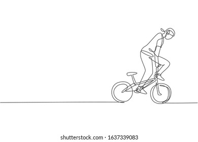 One single line drawing of young bmx bicycle rider performing freestyle trick on street vector illustration. Extreme sport concept. Modern continuous line draw design for freestyle competition banner