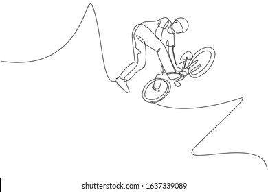 One single line drawing of young bmx bicycle rider do flying on the air trick at street vector illustration. Extreme sport concept. Modern continuous line draw design for freestyle competition banner
