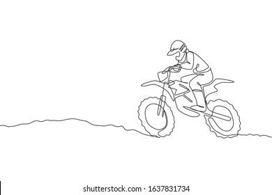 One single line drawing of young motocross rider conquer track obstacles at race track vector illustration. Extreme sport concept. Modern continuous line draw design for motocross race event banner