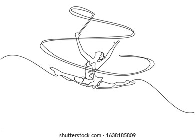 One single line drawing of young beauty gymnast girl exercising rhythmic gymnastics with ribbon vector illustration. Healthy teen lifestyle and sport concept. Modern continuous line draw design