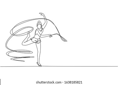 One single line drawing young beauty gymnast girl exercising rhythmic gymnastics with ribbon graphic vector illustration. Healthy teen lifestyle and sport concept. Modern continuous line draw design