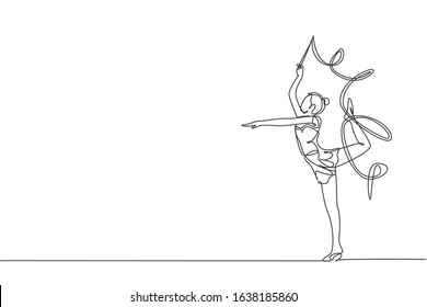 One single line drawing young beauty gymnast girl exercising rhythmic gymnastics with ribbon vector illustration graphic. Healthy teen lifestyle and sport concept. Modern continuous line draw design