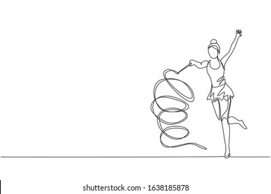 One single line drawing young beauty gymnast girl exercising rhythmic gymnastics with ribbon vector graphic illustration. Healthy teen lifestyle and sport concept. Modern continuous line draw design