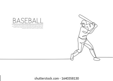 One single line drawing of young energetic man baseball player exercise to hit the ball vector illustration. Sport training concept. Modern continuous line draw design for baseball tournament banner