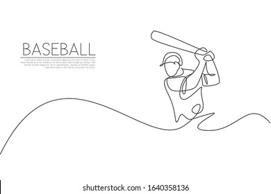 One single line drawing of young energetic man baseball player practice to hit the ball vector illustration. Sport training concept. Modern continuous line draw design for baseball tournament banner