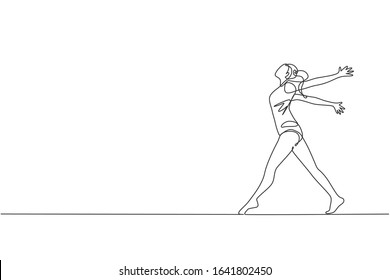 One single line drawing of young beauty gymnast girl exercise floor rhythmic gymnastic at gym vector illustration. Healthy athlete teen lifestyle and sport concept. Modern continuous line draw design