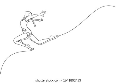 One single line drawing of young beauty gymnast girl exercise floor rhythmic gymnastic at gym vector illustration. Healthy athlete teen lifestyle and sport concept. Modern continuous line draw design