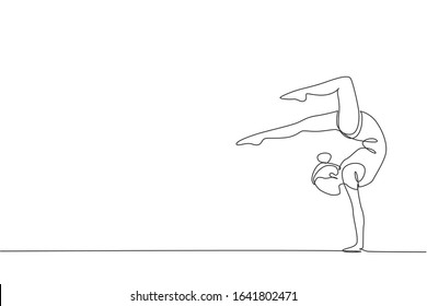 One single line drawing of young beauty gymnast girl exercise floor rhythmic gymnastic at gym vector illustration. Healthy athlete teen lifestyle and sport concept. Modern continuous line draw design