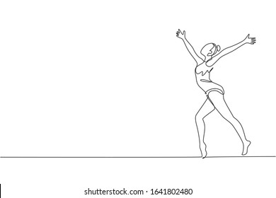 One single line drawing of young beauty gymnast girl exercise floor rhythmic gymnastic at gym vector illustration. Healthy athlete teen lifestyle and sport concept. Modern continuous line draw design