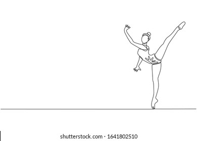 One single line drawing of young beauty gymnast girl exercise floor rhythmic gymnastic at gym vector illustration. Healthy athlete teen lifestyle and sport concept. Modern continuous line draw design