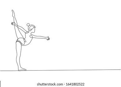 One single line drawing of young beauty gymnast girl exercise floor rhythmic gymnastic at gym vector illustration. Healthy athlete teen lifestyle and sport concept. Modern continuous line draw design