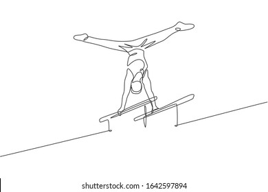 One single line drawing of young handsome gymnast man exercising parallel bars vector graphic illustration. Healthy lifestyle and athletic sport concept. Modern continuous line draw design