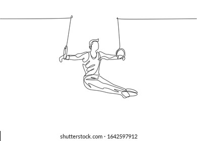 Dibujo de una sola línea de un joven y guapo hombre de gimnasta que ejerce la ilustración vectorial de los anillos fijos. Un estilo de vida saludable y un concepto deportivo deportivo. Diseño moderno de líneas continuas