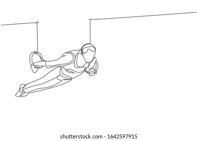 Eine einzige Linie Zeichnung eines jungen gut aussehenden Turniermanns, der Steady Ringe Vektorillustration Illustration. Gesunder Lebensstil und sportliches Konzept. Modernes Design für fortlaufende Linienführung