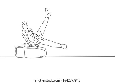 One single line drawing of young handsome gymnast man exercising pommel horse graphic vector illustration. Healthy lifestyle and athletic sport concept. Modern continuous line draw design