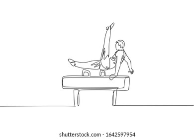 Dibujo de una sola línea de un joven y guapo hombre gimnasta ejerciendo pommel de la ilustración vector caballo. Un estilo de vida saludable y un concepto deportivo deportivo. Diseño moderno de líneas continuas