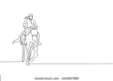 Dibujo de una sola línea de jóven jóven mujer jinete que realiza una ilustración vectorial de prueba de vestimenta. El concepto de competición deportiva ecuestre. Diseño moderno de líneas continuas