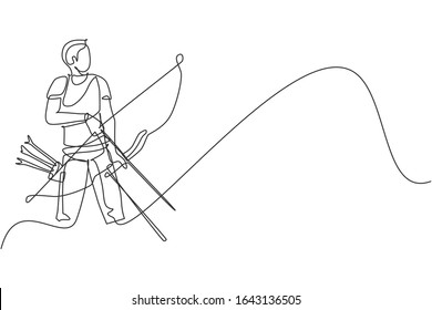 One single line drawing of young archer man focus exercising archery to hit the target vector illustration graphic. Healthy refresh shooting with bow sport concept. Modern continuous line draw design