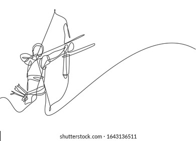 One single line drawing of young archer man focus exercising archery to hit the target vector graphic illustration. Healthy refresh shooting with bow sport concept. Modern continuous line draw design