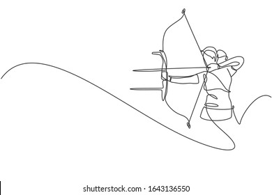 One single line drawing of young archer woman focus exercising archery to hit target graphic vector illustration. Healthy refresh shooting with bow sport concept. Modern continuous line draw design