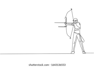 One single line drawing of young archer man focus exercising archery to hit the target vector graphic illustration. Healthy refresh shooting with bow sport concept. Modern continuous line draw design