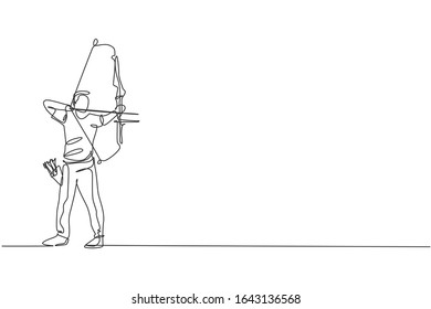 One single line drawing of young archer man focus exercising archery to hit the target graphic vector illustration. Healthy refresh shooting with bow sport concept. Modern continuous line draw design