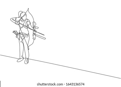 One single line drawing of young archer woman focus exercising archery to hit target graphic vector illustration. Healthy refresh shooting with bow sport concept. Modern continuous line draw design