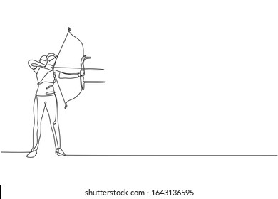 One single line drawing of young archer woman focus exercising archery to hit target vector illustration graphic. Healthy refresh shooting with bow sport concept. Modern continuous line draw design