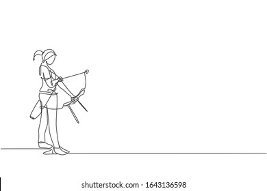One single line drawing of young archer woman focus exercising archery to hit target graphic vector illustration. Healthy refresh shooting with bow sport concept. Modern continuous line draw design