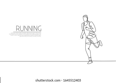 One single line drawing young energetic man runner focus run relax vector graphic illustration. Individual sports, training concept. Modern continuous line draw design for running competition banner