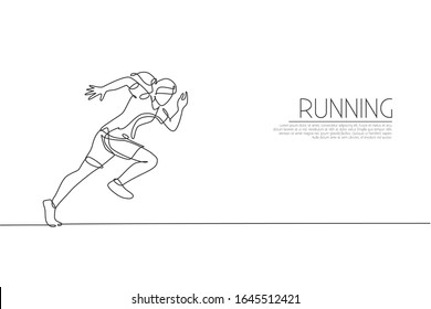 One single line drawing of young energetic woman runner focus to sprint run vector illustration. Individual sports, training concept. Modern continuous line draw design for running competition banner