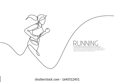 One single line drawing of young energetic woman runner jogging run graphic vector illustration. Individual sports, training concept. Modern continuous line draw design for running competition banner