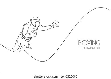 One single line drawing of young energetic man boxer practice his hook punch vector illustration. Sport combative training concept. Modern continuous line draw design for boxing championship banner