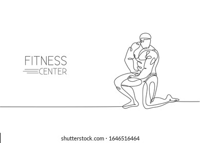 One single line drawing of young energetic model man bodybuilder posed vector illustration. Healthy workout concept. Modern continuous line draw design for bodybuilding fitness center club logo icon