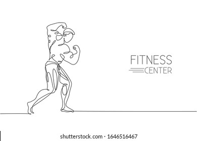 One single line drawing of young energetic model man bodybuilder posed vector illustration. Healthy workout concept. Modern continuous line draw design for bodybuilding fitness center club logo icon