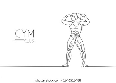 Un dibujo de una joven modelo energética mujer culturista representaba una encantadora ilustración vectorial. Concepto de entrenamiento saludable. Diseño moderno de líneas de tracción continua para el logo y el icono del gimnasio