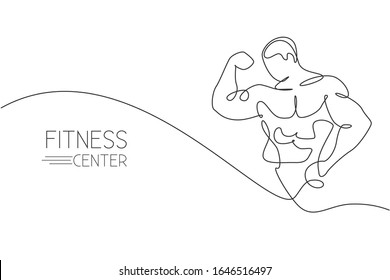 Un dibujo de una sola línea de modelo joven energético hombre culturista representa una encantadora ilustración vectorial. Concepto de entrenamiento saludable. Diseño moderno de líneas de tracción continua para el logo y el icono del gimnasio