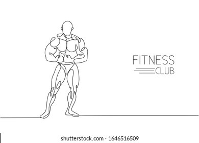 One single line drawing of young energetic model man bodybuilder pose vector illustration. Healthy workout in fitness center concept. Modern continuous line draw design for bodybuilding club logo icon