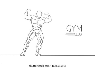 One single line drawing of young energetic model man bodybuilder pose vector illustration. Healthy workout concept. Modern continuous line draw design for bodybuilding fitness center club logo icon