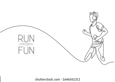 One single line drawing of young happy man runner run relax while listening music with smartphone and headphone vector illustration. Healthy sport training concept. Modern continuous line draw design