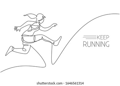 One single line drawing of young energetic woman runner practicing to jump while run vector illustration. Healthy sport training concept. Modern continuous line draw design for running race banner