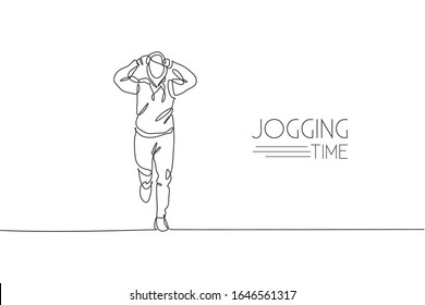 One single line drawing young energetic man runner focus run relax in outdoor track graphic vector illustration. Healthy lifestyle concept. Modern continuous line draw design for running race banner