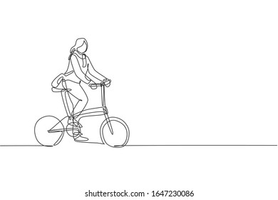 One single line drawing young happy startup employee woman ride bicycle to the coworking space vector illustration graphic. Healthy commuter urban lifestyle concept. Modern continuous line draw design