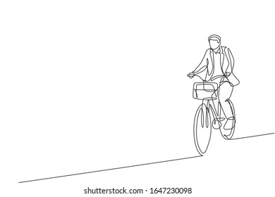 Eine einzelne Zeichnung des jungen, glücklichen Profi-Startup-Mitarbeiters fährt mit dem Fahrrad zur Co-Work-Space-Vektorillustration-Illustration. Gesundes Pendlerleben. Modernes Design für fortlaufende Linienführung