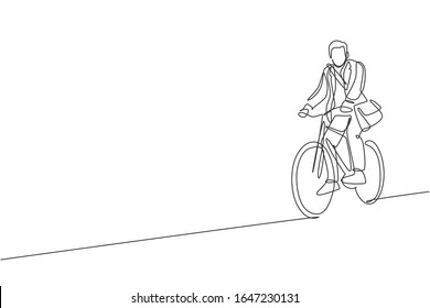 One single line drawing of young happy professional startup employee man ride bicycle to the coworking space vector illustration. Healthy commuter lifestyle concept. Modern continuous line draw design