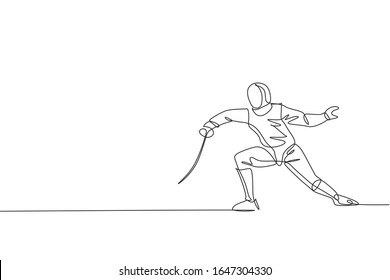 One single line drawing of young man fencer athlete in fencing costume exercising motion on sport arena vector illustration. Combative and fighting sport concept. Modern continuous line draw design